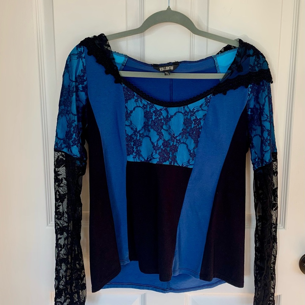 Stylish Blue and Black Lace Women's Blouse